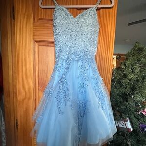 Short homecoming/formal/dance dress
Light blue, lace, lace up back